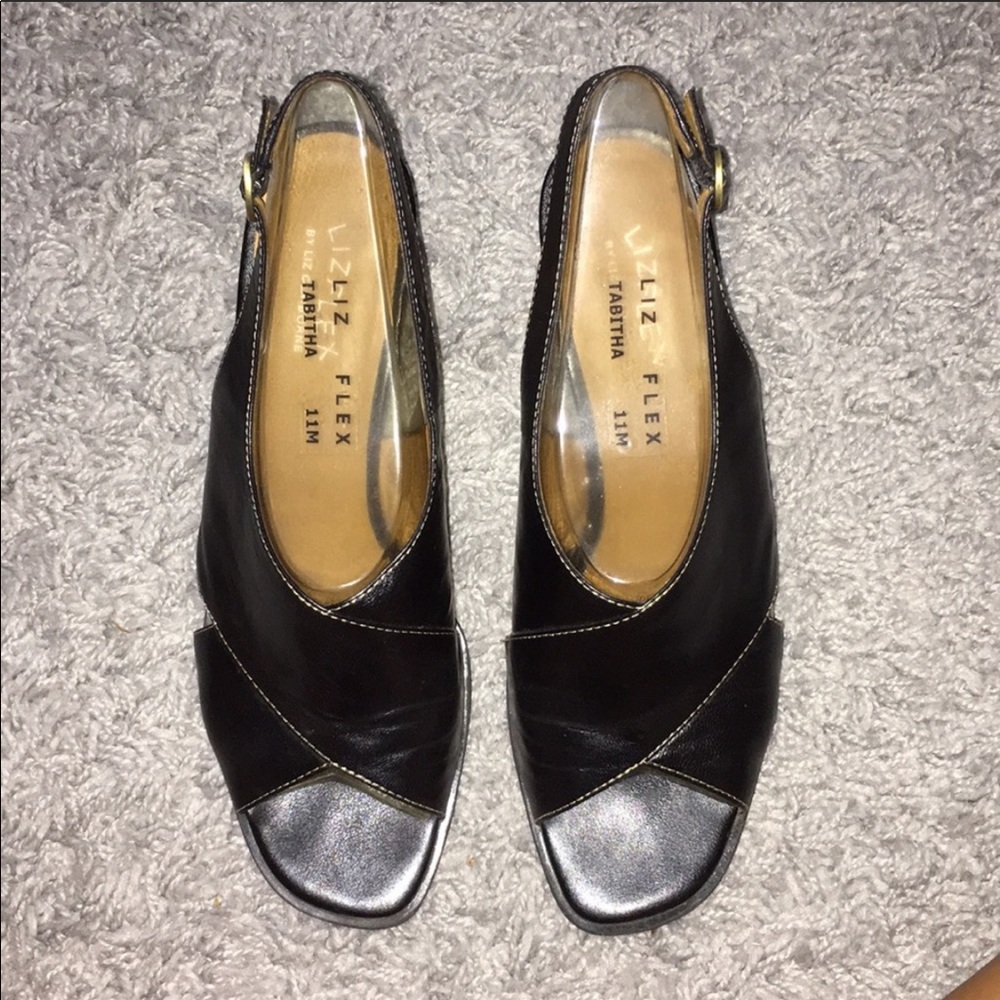 Black leather wedge heels